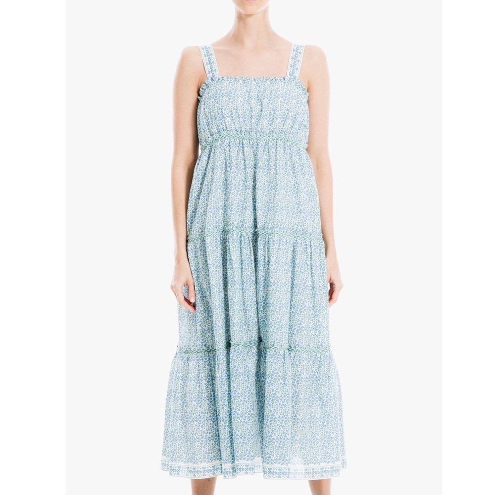 Max Studio Tiered Heart Print Sleeveless Midi Dress White Blue Womens Size Small